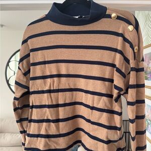Ann Taylor Camel and Navy Striped Mock Neck Sweater with Shoulder Buttons